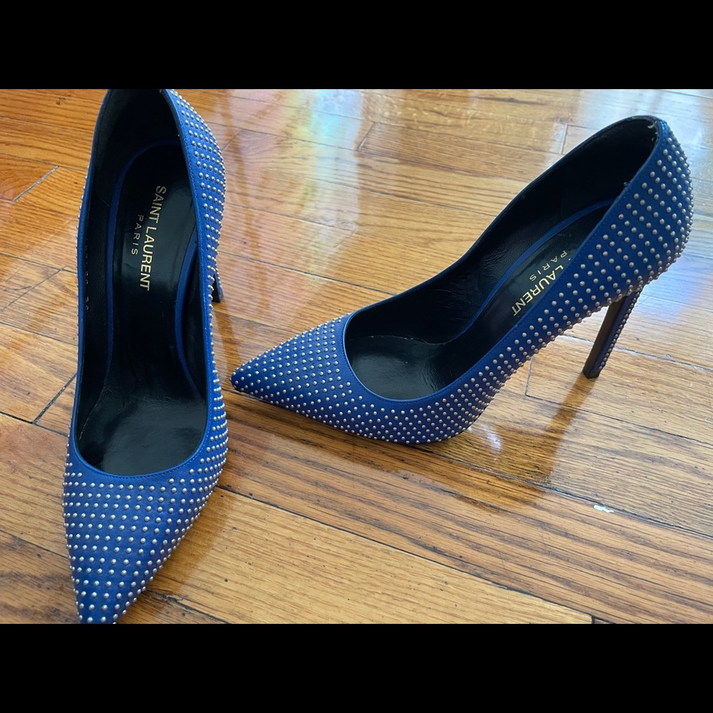 YSL Saint Laurent Blue Studded Pumps Shoe 38 7.5